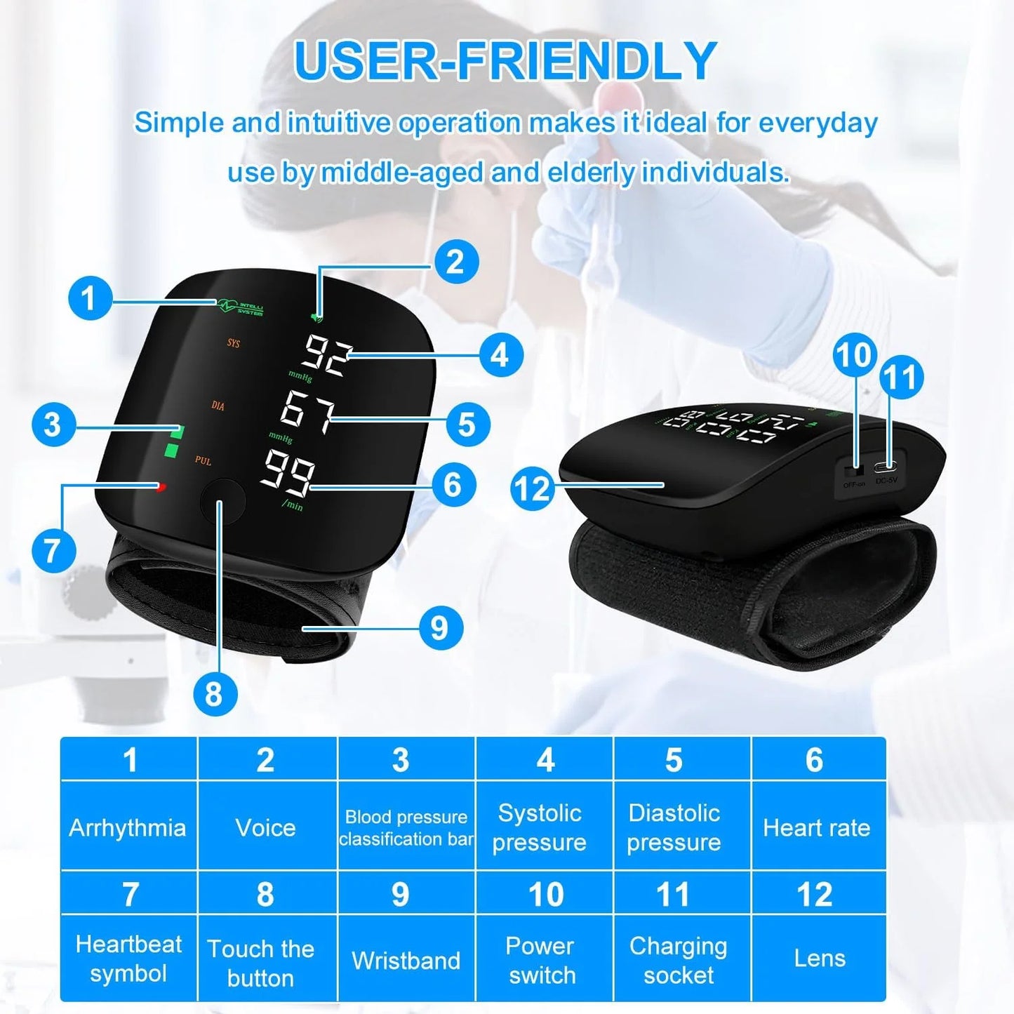 Rechargeable Wrist Blood Pressure Monitor LED Display